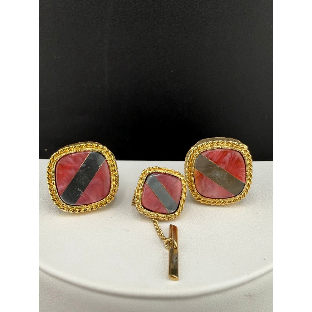 Vintage‎ Estate Cufflinks Tie Pin Set Gold Tone Pink Grey Striped Square